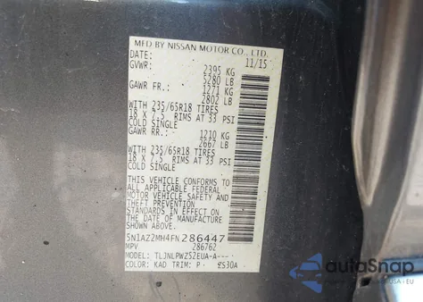 2015 Nissan Murano S z USA, uszkodzony, nr VIN 5N1AZ2MH4FN286447